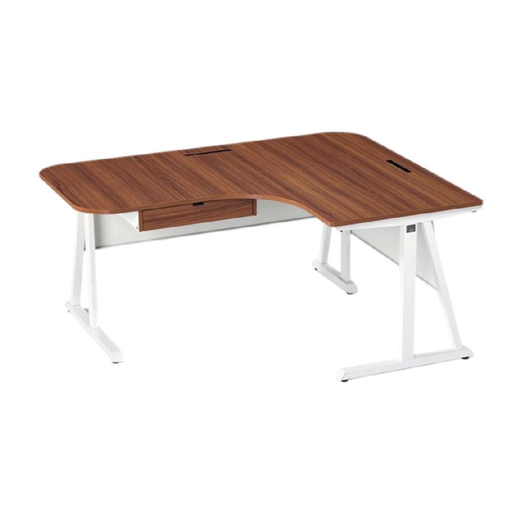 **Technische Titel in het Nederlands: L-vormig bureau met opberglade en witte basis**