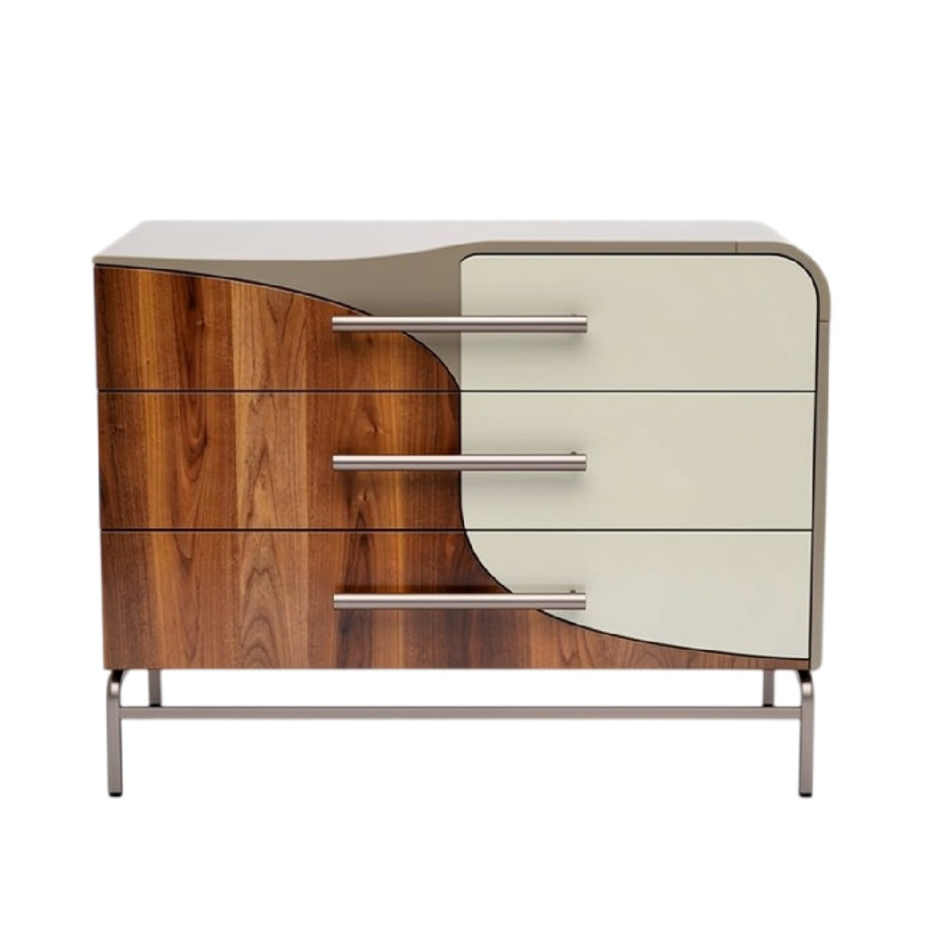 **Technische titel in het Nederlands:** Moderne ladekast met houten en gladde oppervlakken