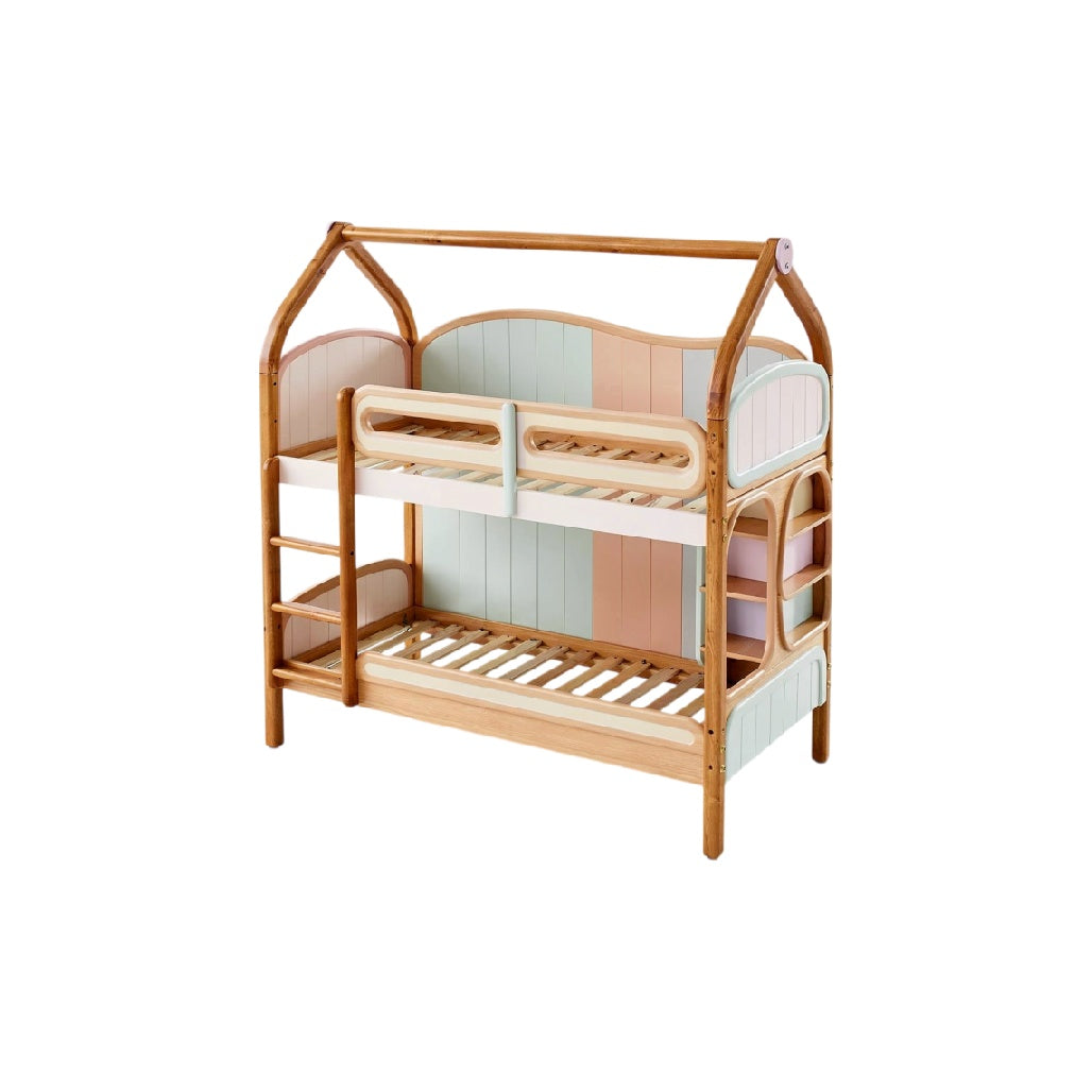 **Houten Stapelbed met Huisontwerp en Kleurrijke Panelen**